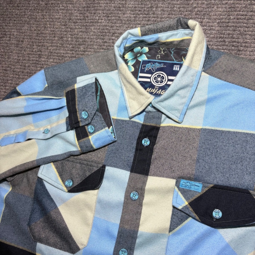 Retro Rifle The Miyagi Mens Blue Grey Plaid Super Stretch Flannel Shirt Medium